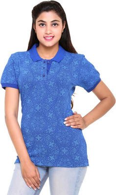 

Colors & Blends Printed Women' Polo Neck Blue T-Shirt, Royal blue