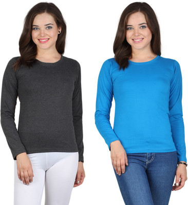 

SayItLoud Solid Women's Round Neck Black, Blue T-Shirt(Pack of 2), Black melange;royal blue