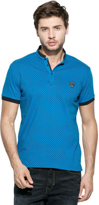

Mufti Self Design Men's Mandarin Collar Blue T-Shirt