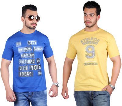 

Shineway Printed Men's Round Neck Multicolor T-Shirt(Pack of 2, Blue;yellow