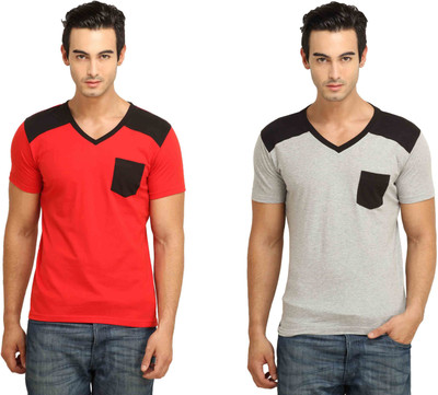 

Fio Solid Men's V-neck Red, Grey T-Shirt(Pack of 2, Grey;red