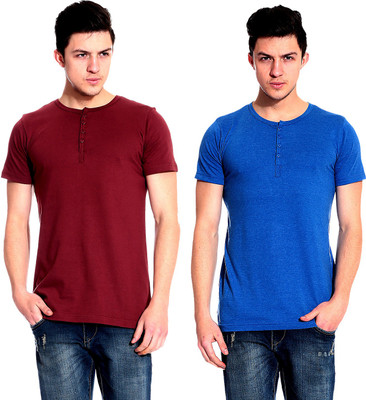 

Lemon & Vodka Solid Men' Henley Blue, Maroon T-Shirt(Pack of 2