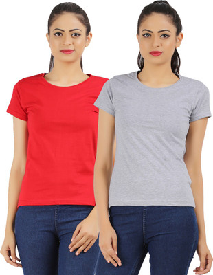 

Ap'pulse Solid Women's Round Neck Red, Grey T-Shirt(Pack of 2), Red;grey1