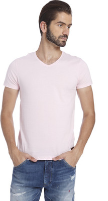 Jack & Jones Solid Men' V-neck Pink T-Shirt