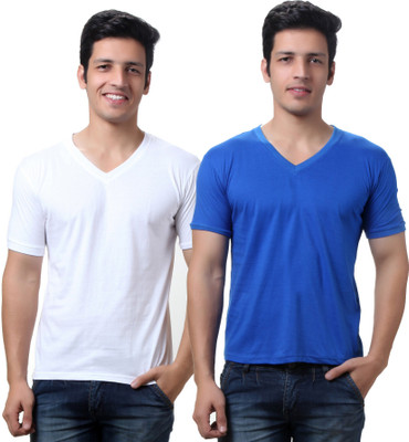 

TeeMoods Solid Men's V-neck White, Blue T-Shirt(Pack of 2), Blue;white