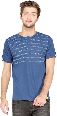 

Campus Sutra Printed Men Henley Dark Blue T-Shirt, Royal blue