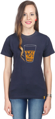 

Campus Sutra Printed Women' Round Neck Blue T-Shirt, Navy blue