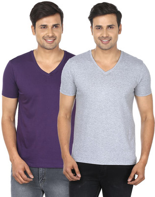 

FM Fashionmania Solid Men's V-neck Purple, Grey T-Shirt(Pack of 2