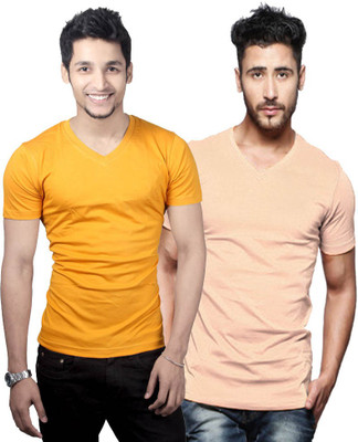 

Purple Square Solid Men's V-neck Multicolor T-Shirt(Pack of 2, Orange;yellow