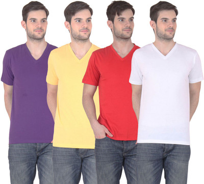 

E'Hiose Solid Men' V-neck Multicolor T-Shirt(Pack of 4, Purple;red;white;yellow