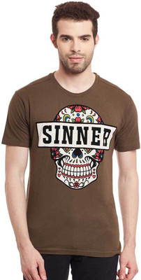 PUNK Printed Men Round Neck Brown T-Shirt