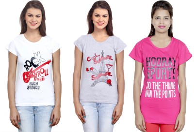 Indistar Printed Women Round Neck White, Pink, Grey T-Shirt