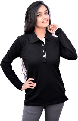 

Komnil Solid Women's Polo Neck Black T-Shirt
