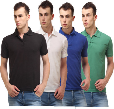 Lime Solid Men's Polo Neck Black, White, Blue, Green T-Shirt(Pack of 4