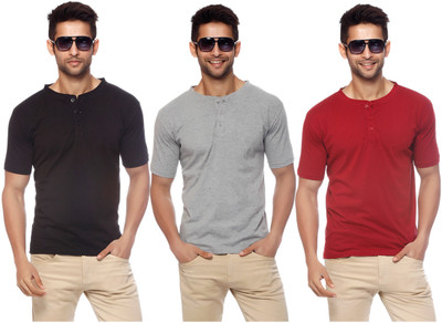 

Gritstones Solid Men's Henley Multicolor T-Shirt(Pack of 3, Black;grey melange;maroon