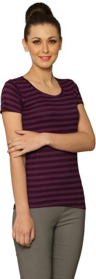 

Miss Chase Striped Women's Round Neck Purple T-Shirt, Purple stripes