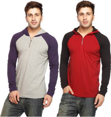 

Gritstones Solid Men's Hooded Multicolor T-Shirt(Pack of 2), Grey melange;maroon