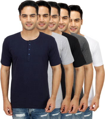 

Sanvi Traders Solid Men Henley Multicolor T-Shirt(Pack of 5