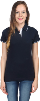 

Campus Sutra Solid Women' Polo Neck Blue T-Shirt