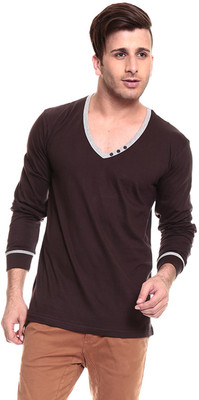 

Izinc Solid Men's V-neck Brown T-Shirt