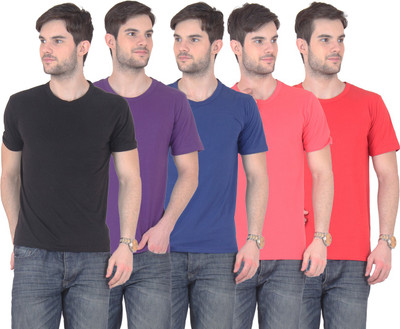 

E'Hiose Solid Men's Round Neck Multicolor T-Shirt(Pack of 5, Black;blue;gajri;purple;red