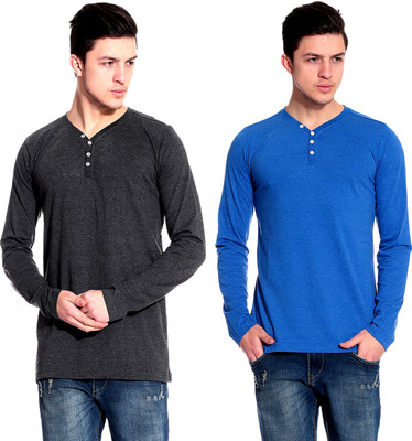

Lemon & Vodka Solid Men's Henley Blue, Grey T-Shirt(Pack of 2)