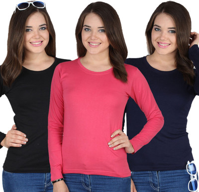 

SayItLoud Solid Women's Round Neck Black, Pink, Blue T-Shirt(Pack of 3), Black;navy blue;pink