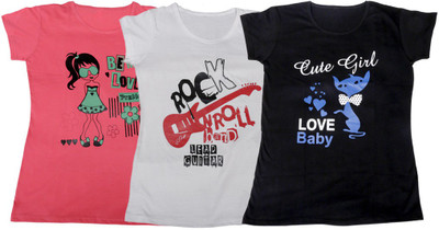 

IndiWeaves Girls Printed, Solid T Shirt(Multicolor, Pink & white & black