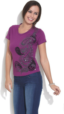 

Espresso Embroidered Women' Round Neck Purple T-Shirt
