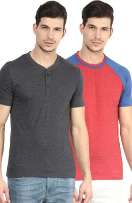 

Yellow Submarine Solid Men's Henley Black, Red T-Shirt(Pack of 2)