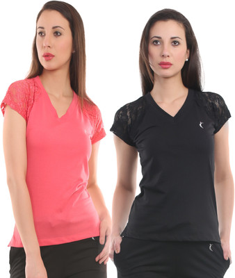 

Ultra Fit Solid Women's V-neck Pink, Black T-Shirt(Pack of 2), Black;pink