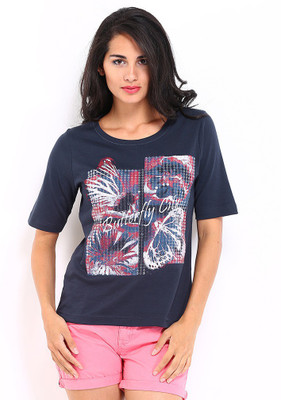 

Espresso Printed Women' Round Neck Blue T-Shirt, Navy