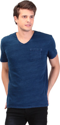 

TAG-7 Self Design Men V-neck Blue T-Shirt