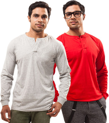 

Unisopent Designs Solid Men's Henley Grey, Red T-Shirt(Pack of 2
