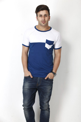 

Gritstones Solid Men's Round Neck Blue, White T-Shirt