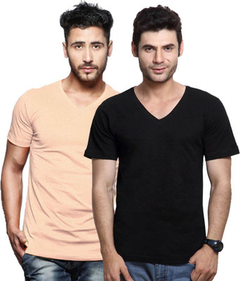 

Purple Square Solid Men's V-neck Multicolor T-Shirt(Pack of 2, Black;orange