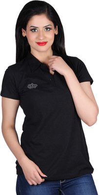

Vivid Bharti Solid Women's Flap Collar Neck Black T-Shirt