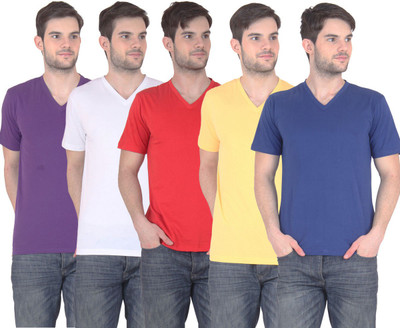 

E'Hiose Solid Men' V-neck Multicolor T-Shirt(Pack of 5, Blue;purple;red;white;yellow
