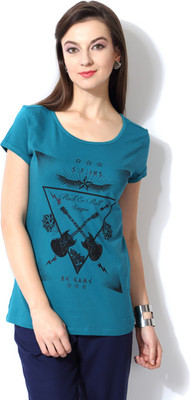 

SF Jeans by Pantaloons Graphic Print Women's Round Neck Blue T-Shirt, Teal