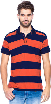 

Mufti Striped Men's Polo Neck Orange, Dark Blue T-Shirt