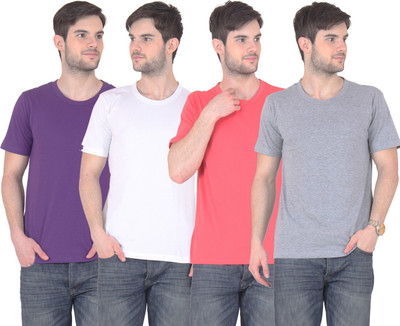 

FnMe Solid Men' Round Neck Multicolor T-Shirt(Pack of 4, Gajri;grey;purple;white