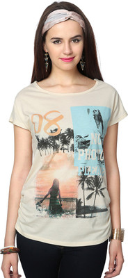 

People Printed Women's Round Neck Beige T-Shirt, Peach