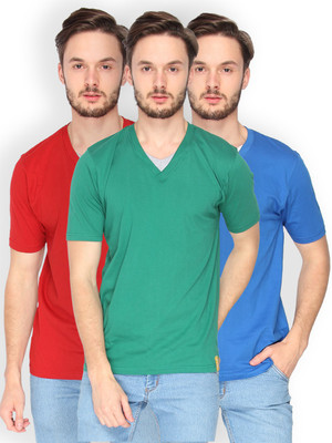 

Campus Sutra Solid Men V-neck Dark Green, Blue, Red T-Shirt(Pack of 3), Blue;bottle green;red