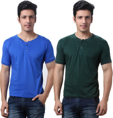 

TeeMoods Solid Men's Henley Dark Green, Blue T-Shirt(Pack of 2), Bottle green;royal blue