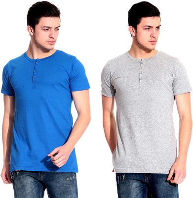 

Lemon & Vodka Solid Men' Henley Blue, Grey T-Shirt(Pack of 2