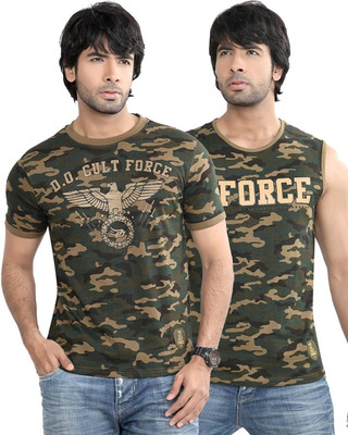 

DIFFERENCE OF OPINION Printed Men's Round Neck Green T-Shirt(Pack of 2), Khaki