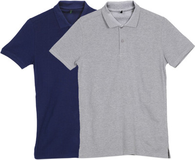 

United Colors of Benetton. Solid Men' Polo Neck Grey, Dark Blue T-Shirt(Pack of 2, 904