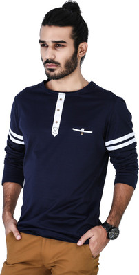 

Mr Button Solid Men' Round Neck Blue T-Shirt