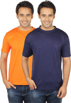 Quetzal Solid Men's Round Neck Blue, Orange T-Shirt(Pack of 2