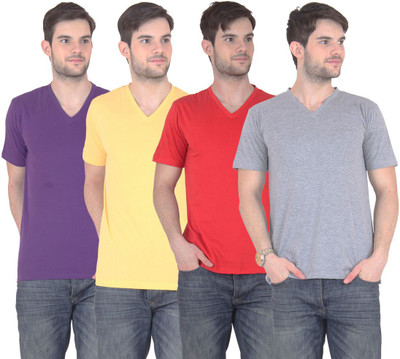 

E'Hiose Solid Men's V-neck Multicolor T-Shirt(Pack of 4, Grey;purple;red;yellow